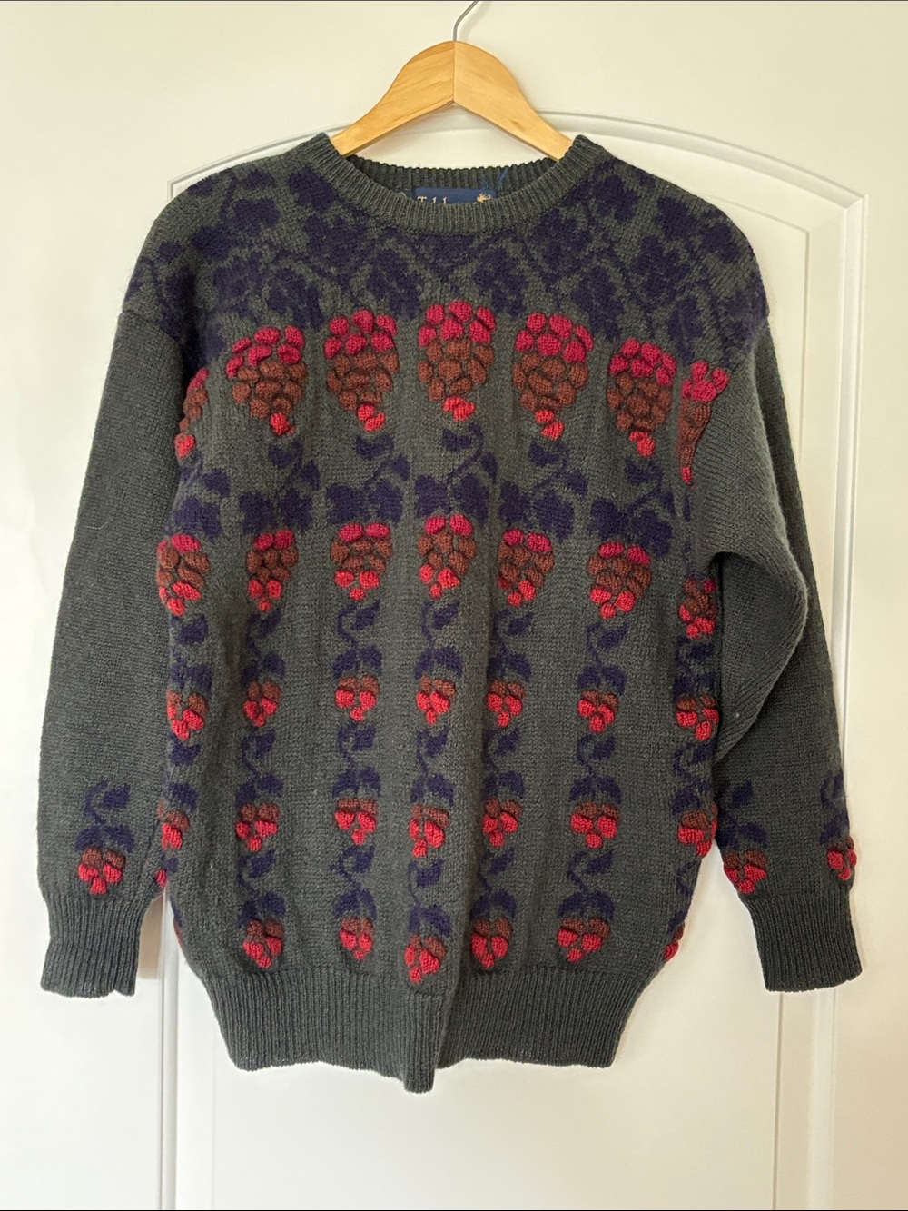 Vintage Tulchan Dark Green Floral 100% Wool Sweater Women’s M Pure Wool